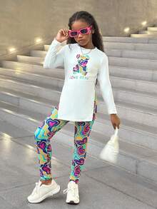 SHEIN Vibrant Long Sleeve Co-Ords For Tween Girls With Fun Letter Print And Colorful Patterns Tween Leggings Set Tween Girl Outfits Kids Long Sleeve Shirt Outfit Kids Heart Leggings Fall Winter - Multicolor - View 4