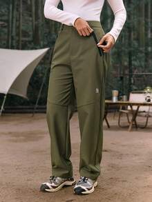 SHEIN In My Nature 女士宽松直筒徒步裤，带口袋 - 軍綠色 - 查看 5