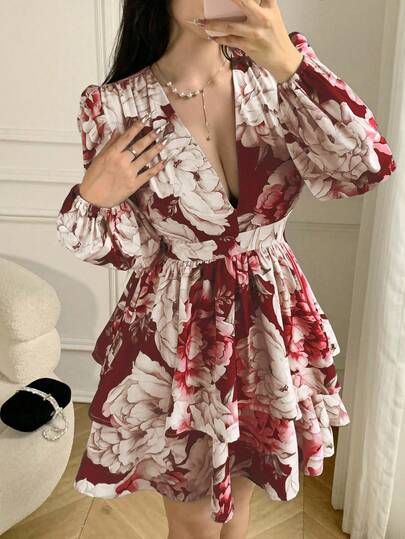 Celisse Vestido mini sexy de moda con estampado floral, cuello en V profundo y mangas farol para mujer