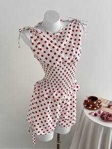 Comfortcana Conjunto de 2 piezas de top con cuello drapeado y shorts con estampado de lunares para mujer - Rojo - Ver 3