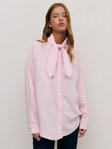 Nöista Elegant Striped Blouse With A Statement Neck Bow And Button Front. For Festive Resort And Going Out Event Day, Spring Summer Looks. - Pink - View 4