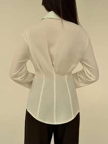 Aloruh Fashionable Metal Decor White Waist Cinched Office Shirt - White - View 2