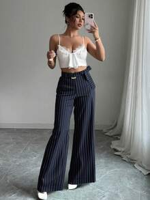 Women's Striped Print Twist Elegant Flare Leg Pants - Navy Blue - View 2