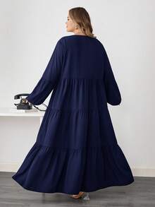 SHEIN CURVE+ 大码女装春夏纯色圆领灯笼袖荷叶边宽松休闲连衣裙长款女装/秋冬 - 藏蓝色 - 查看 2