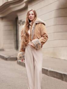 ORNATELLA Short Collar Faux Fur Trim Women Jacket Coat - Khaki - View 2