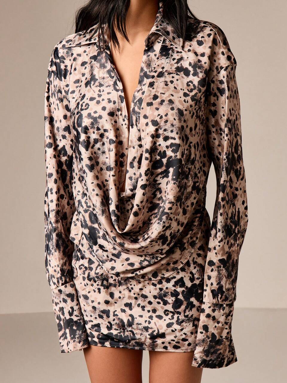 AiiRZ Draped Mini Shirt Dress With Cowl Neckline And Blurred Animal Print Pattern Fall Fashion Party Wedding Guest
