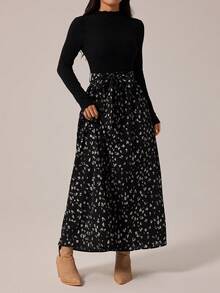 SHEIN PETITE 女士印花立领优雅长袖连衣裙，长款休闲连衣裙，动物纹印花长款连衣裙，端庄长款连衣裙，黑色系带腰身长款连衣裙，女士秋季服装，女士秋季连衣裙，女士连衣裙，女士优雅连衣裙，女士优雅连衣裙 - 黑色 - 查看 10