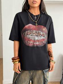 Coolane Áo thun đen oversized họa tiết hip-hop phong cách đường phố mùa hè dành cho nam và nữ - màu đen - Xem 2