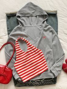 Comfortcana Bộ 2 món gồm áo tank top và áo sweatshirt màu xám thêu nơ, thích hợp mặc mùa đông cho nữ, dịp Giáng sinh và Năm mới. - Màu be - Xem 7