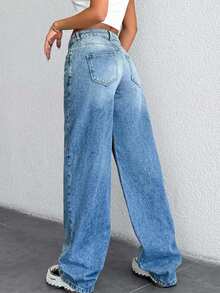 SHEIN Tall 100%Cotton Low Waist Straight Cut Jeans - Medium Wash - View 2