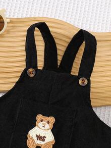 SHEIN Playful Pals Série de compagnons espiègle Salopette en velours côtelé pour bébé garçon, décorée de patches brodés d'ours en peluche mignons et de boutons bicolores, style rétro confortable, convient pour les sorties d'automne/hiver, les vacances et le port quotidien - Noir - Voir 5
