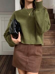 SHEIN LUNE Suéter blanco de cuello redondo de manga larga, de unicolor y estilo casual para mujer - Verde Oliva - Ver 6