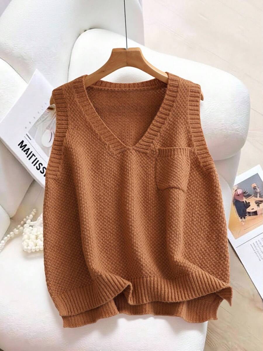 GlowEve Chaleco de suéter de moda para mujer de unicolor con bolsillos - Caqui - Ver 1