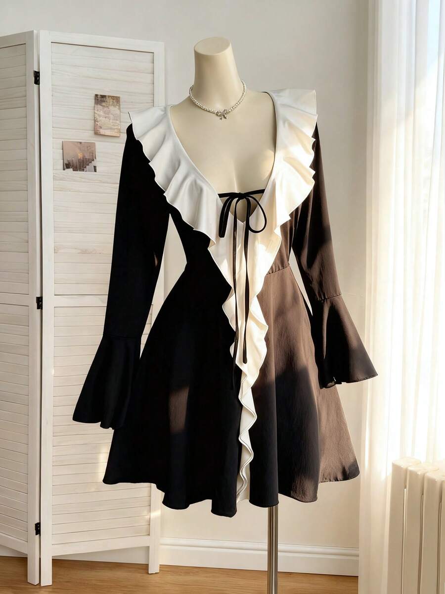 SHEIN EZwear Plus Size Black Ruffled Romantic Dress - Black - View 1