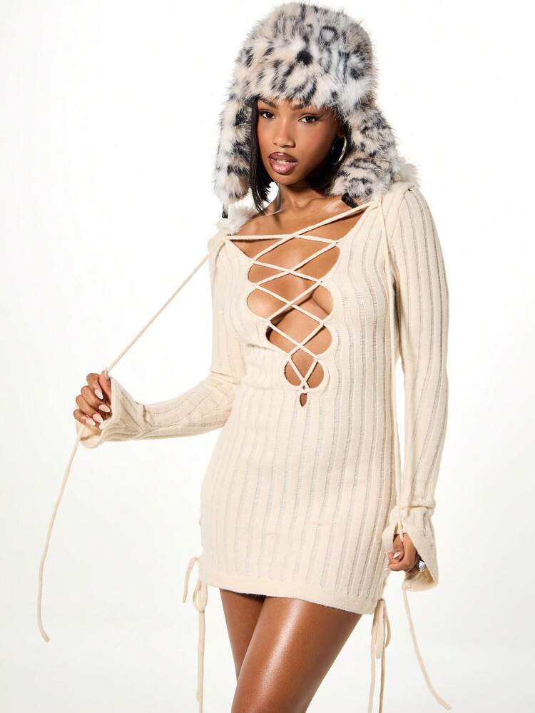 SUMWON WOMEN Ribbed Knit Lace Up Mini Dress