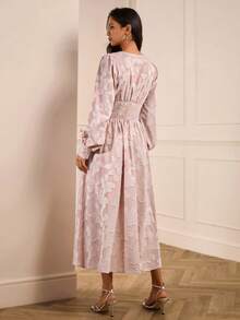 Lilora Robe mi-longue élégante à manches lanternes en jacquard pour femmes, robe Najma, robe à manches lanternes, robe longue à manches, tenue de printemps pour femmes, élégante et - Rose bonbon - Voir 3