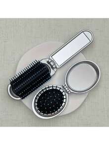 Madebyblanc 1pc Mini Foldable Hair Brush With Makeup Mirror – Portable Travel Styling Comb - Silver - View 4