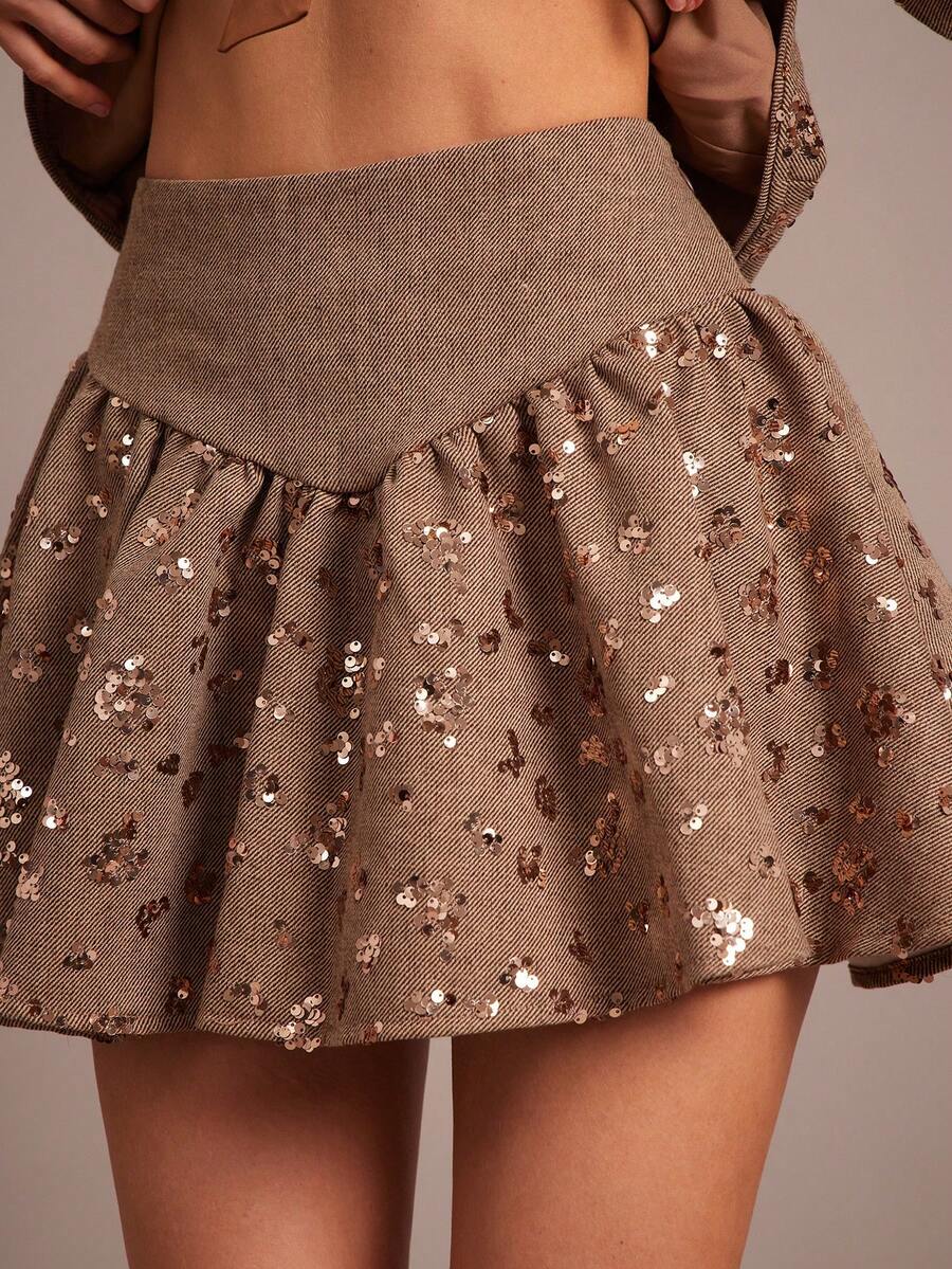 Enchnt 1件女士复古A字优雅时尚半身裙 - 卡其色 - 查看 1