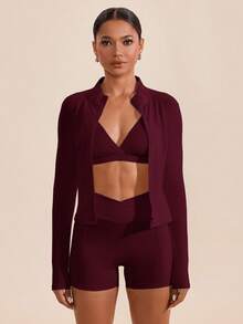 Conjunto deportivo mujer tela suave ajustada absorbe humedad chaqueta cremallera cuello alto pantalones cortos sin transparencia deportivo elegante Varios Colores Disponibles - Color caoba - Ver 6