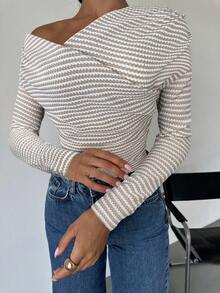 Firerie Damen Strukturiertes gestreiftes asymmetrisches Kragen Wickel Langarm T-Shirt Top, Gestreiftes Damen Bluse, Wickel Langarm Damen T-Shirt, Gestreiftes T-Shirt, Gerafftes T-Shirt, Schulterfrei Konvertibles T-Shirt Top, geeignet für Frühling, Sommer, Herbst, Winter, Pendeln, Elegant, Lässig, Alltag, Bürokleidung - Verschiedenfarbig - Übersicht 4