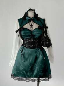 Sunspun 新款时尚提花拼接雪纺长袖改良版中式旗袍裙，配蕾丝蝴蝶结 - 墨綠色 - 查看 2