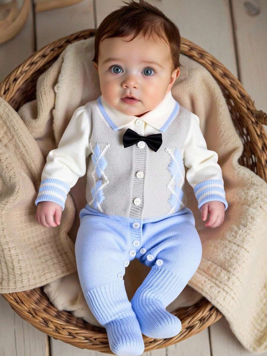 SHEIN Baby Boy Clothing Cute Blue Autumn Birthday One-Piece Crawling Suit,Diamond Pattern Long-Sleeved Knitted Sweater Romper For Parties,Christmas,Soft