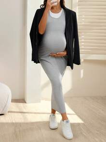SHEIN Maternity Solid Color Casual Sleeveless Sports Dress - Light Grey - View 4