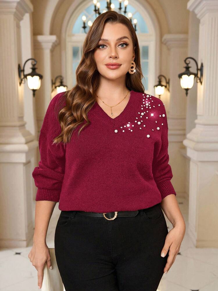 Plus Size Women's Winter Casual Faux Pearl Decor V-Neck Long Sleeve Casual Sweater, Plus Size Women's Casual Elegant Party Faux Pearl Decor V-Neck Long Sleeve Casual Solid Color Pullover Sweater, Autumn/Winter,Winter For Women,Going Out,Fall For Women,Fall,2025 New,Casual Everyday Wear