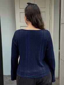 Dazy Plus 纹理面料休闲V领系带修身大码女式长袖T恤 - 藏蓝色 - 查看 2