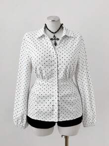Sunspun Vintage French Style Casual Polka Dot Print Long Sleeve Women Shirt Polka Dot Shirt Women Work Blouses Business Casual Women Shirts Polka Dot Top Women Long Sleeve Shirt - White - View 3