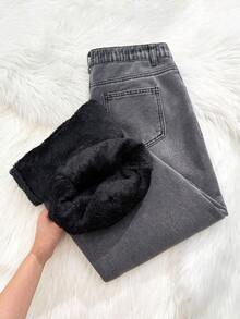 SHEIN 少女基础款灰色牛仔保暖内衬宽松牛仔裤，秋冬保暖穿搭，休闲高腰牛仔裤，百搭阔腿牛仔裤，Y2K风格，女教师装，返校装，教堂礼服，商务休闲装，工装牛仔裤连衣裙，女童秋冬宽松裤，青少年高腰长款阔腿牛仔裤，街头风，冬季裤装，羊羔绒牛仔裤，保暖牛仔裤，灰色牛仔裤，灰色宽松牛仔裤 - 淺灰色 - 查看 2