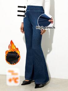 Maija Women's Blue Thermal Lined High-Waisted, Slim-Fitting Flared Jeans, Comfortable And Stretchy Fabric, Perfect For Winter. - Dark Wash - View 2