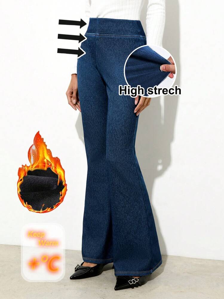 SHEIN Maija Women's Blue Thermal Lined High-Waisted, Slim-Fitting Flared Jeans, Comfortable And Stretchy Fabric, Perfect For Winter.