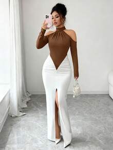 Gloray Autumn/Winter New Black & White Color Block Patchwork Design, Sexy High Slit, Off-Shoulder Long Sleeve Ruched Bodycon Maxi Dress, Elegant For Party, Gala, Wedding, Halloween, Christmas - Brown - View 6