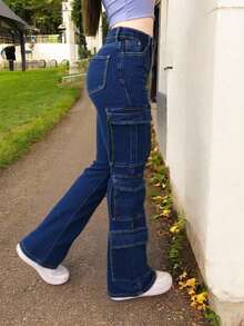 Pantalones cargo de tiro alto con corte holgado, diseño con múltiples bolsillos, tejido estructurado y versátil - Azul lavado oscuro - Ver 2