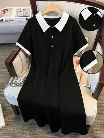 SHEIN CURVE+ New Women's Casual Black & White Patchwork Dress, Minimalist Versatile Loose Shirt Collar Dress, Simple Everyday Outfits, Comfortable Loose Fit For Home, Young & Fashionable