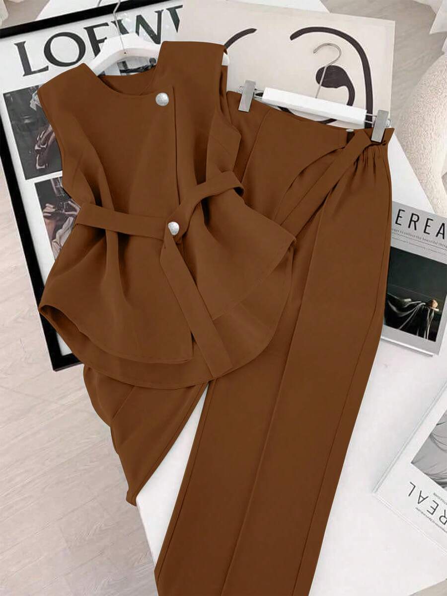 GlowEve Women's Solid Color Single-Breasted Sleeveless Shirt And Wide-Leg Pants Casual Suit - Brown - View 1