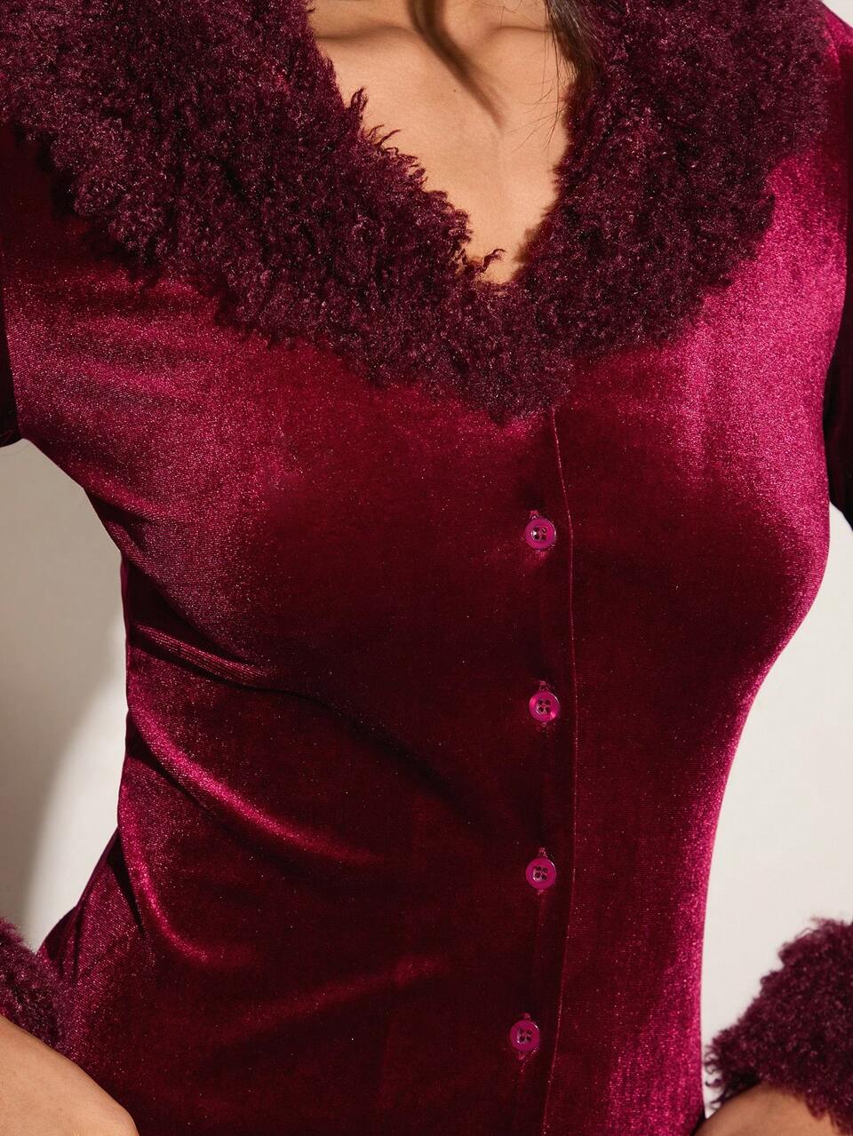 Enchnt Blusa elegante de mujer de invierno con cuello de piel de terciopelo, manga larga, abotonadura sencilla y ajustada, elegante y chic para fiestas de moda, cumpleaños y eventos formales, blusa de Navidad, Año Nuevo, blusa de invierno para mujer