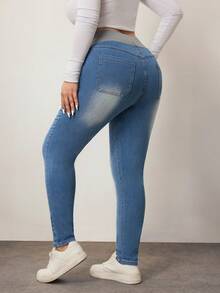 Enliva Plus Size Sexy Stretch Color Block Wide Waistband Blue Denim Jeans, For Apple Rounded Body Shape - Light Wash - View 2