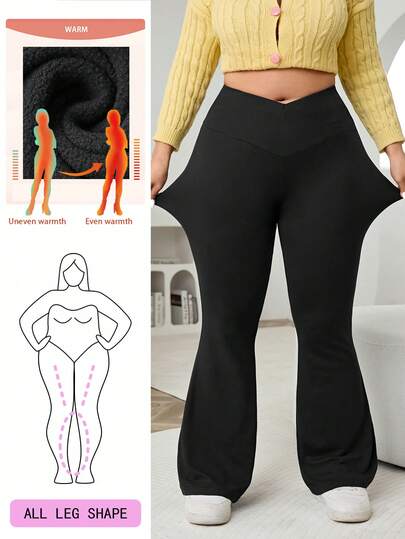 Solflare Plus Size Women's Fall Winter Back To School Casual Homewear Yoga Comfortable Outdoor Solid Black Knitted Elastic Waist High Waist Pockets Flare Leg Trousers,Leggings With Pockets