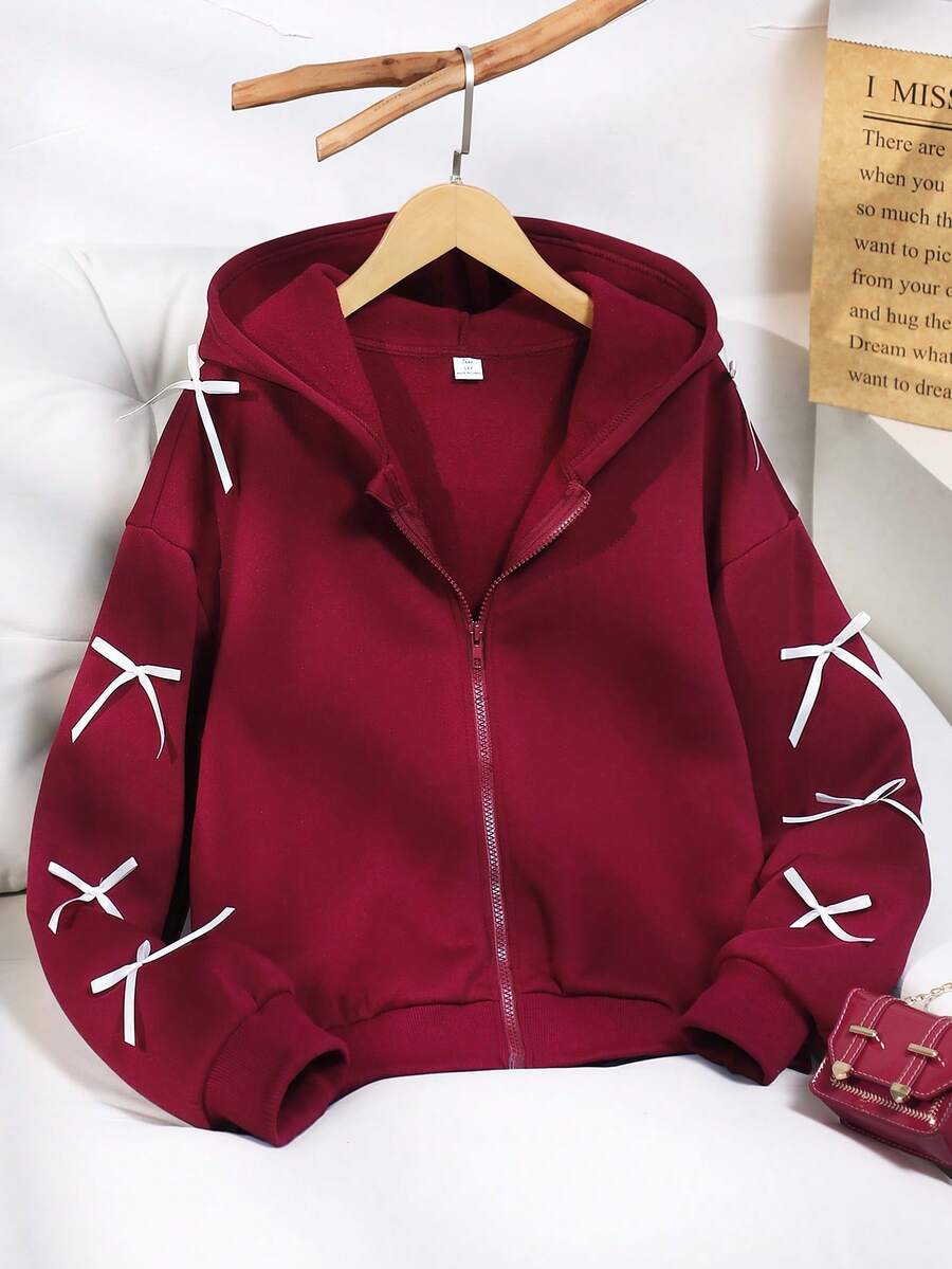 SHEIN 少女纯色时尚蝴蝶结卫衣外套,采用舒适的抓绒面料,时尚的袖子设计,整体展现青春活力少女风,适合返校季或日常户外穿着。 - 酒紅色 - 查看 1