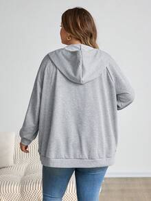 SHEIN CURVE+ 大码拉链插肩袖抽绳卫衣，秋季上衣，秋季女装/冬季 - 淺灰色 - 查看 2