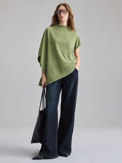 Ontre Women's Loose Asymmetric Poncho-Style T-Shirt, Elegant For Urban Commute, Business, Christmas, New Year Party