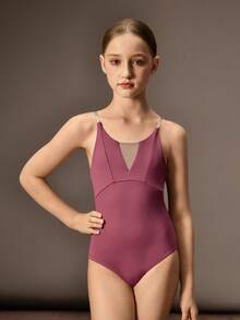 SHEIN Maillot de ballet de una pieza para niñas preadolescentes, de diseño sencillo y elegante, con contraste de color, parches de malla, sin mangas, con tirantes ajustables tipo espagueti, color rojo pasta de judías, de tela elástica de alta calidad, adecuado para ballet y gimnasia, apto para todas las estaciones - Rosa vieja - Ver 4