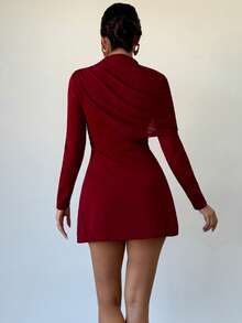 Firerie Women's Burgundy Turtleneck Knit Contrast Mesh A-Line Mini Dress, Long Sleeve Dress, Asymmetrical Mesh Ruffle Collar Dress, Elegant For Spring, Autumn, Winter, Suitable For Commute, Date, Party, Wedding, Graduation, Performance, Work, Birthday - Burgundy - View 3