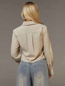 Athîral Women's Solid Color Long Sleeve Drawstring Waist Casual Cropped Shirt, Khaki Top - Apricot - View 6