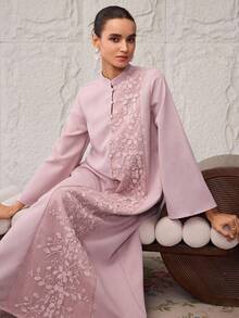 Al Najma Vestido elegante de estilo árabe para mujer con bordados, paneles de malla, cuello alto y diseño de botones, manga larga