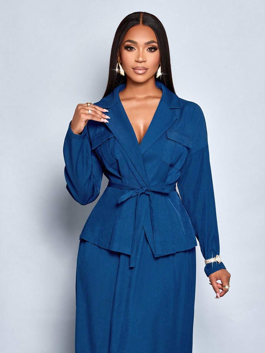 SOLERSUN Elegant Commuter Waistline Suit Tie Jacket And Skirt Two Pieces Set For Autumn And Winter - Blue - View 1