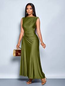 SOLERSUN 女士优雅纯色金属装饰修身秋冬连衣裙，适合日常通勤、购物、派对、聚会等场合。 - 軍綠色 - 查看 6