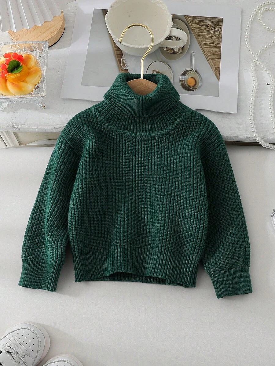 SHEIN Vintaside Kids 女婴休闲百搭高领纯色毛衣,秋冬季 - 綠色 - 查看 1